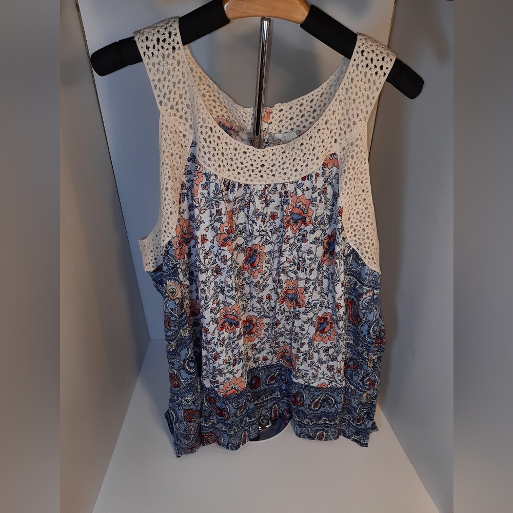 Cato Fashion Loose Fit Blue and White with Floral Tank Top with Crochet Trim. - Picture 2 of 12
